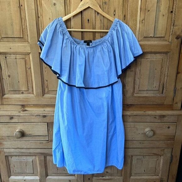 J. Crew Small Dress Blue Navy Off The‎ Shoulder Strapless Ruffles Shift Chambray - Picture 1 of 10